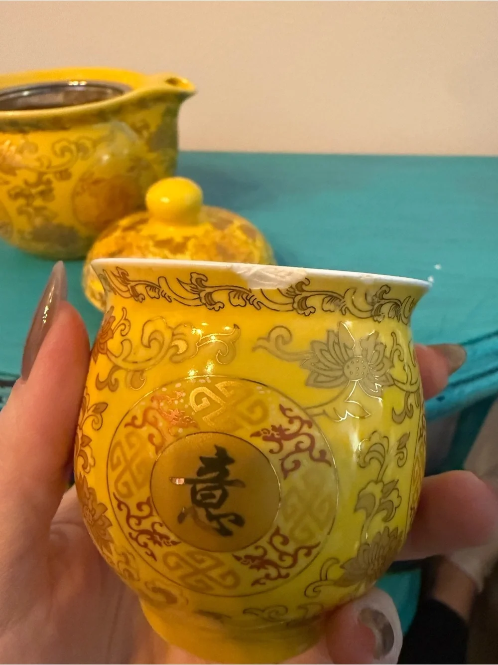 Chinese Yellow Porcelain Teapot Tea Set w Infuser & Matching Cup Longevity Motif